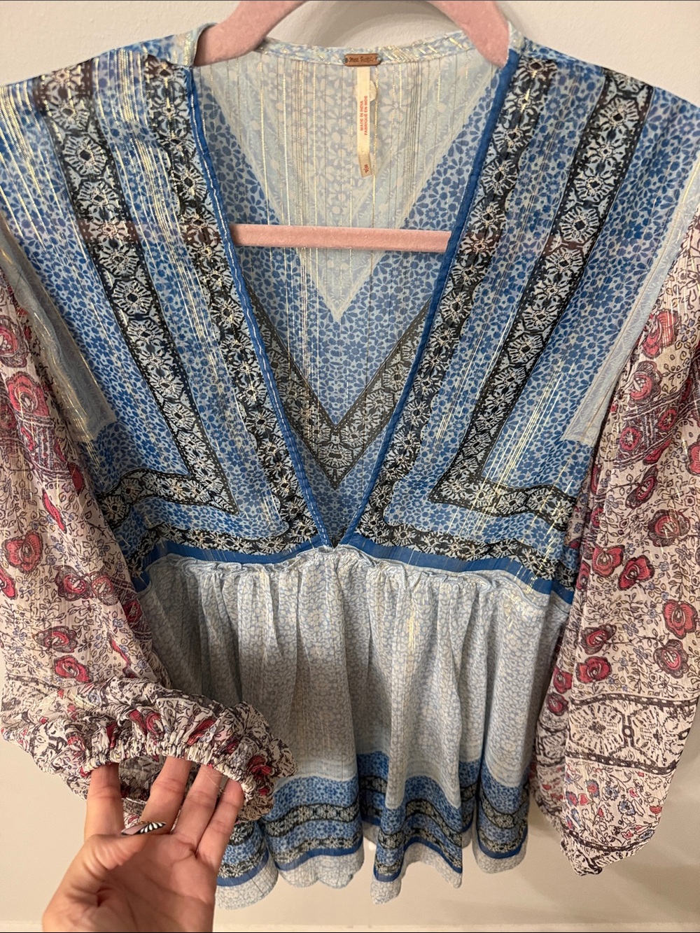 Free People Mixed-Print V-Neck Tunic in Blue and Pink
